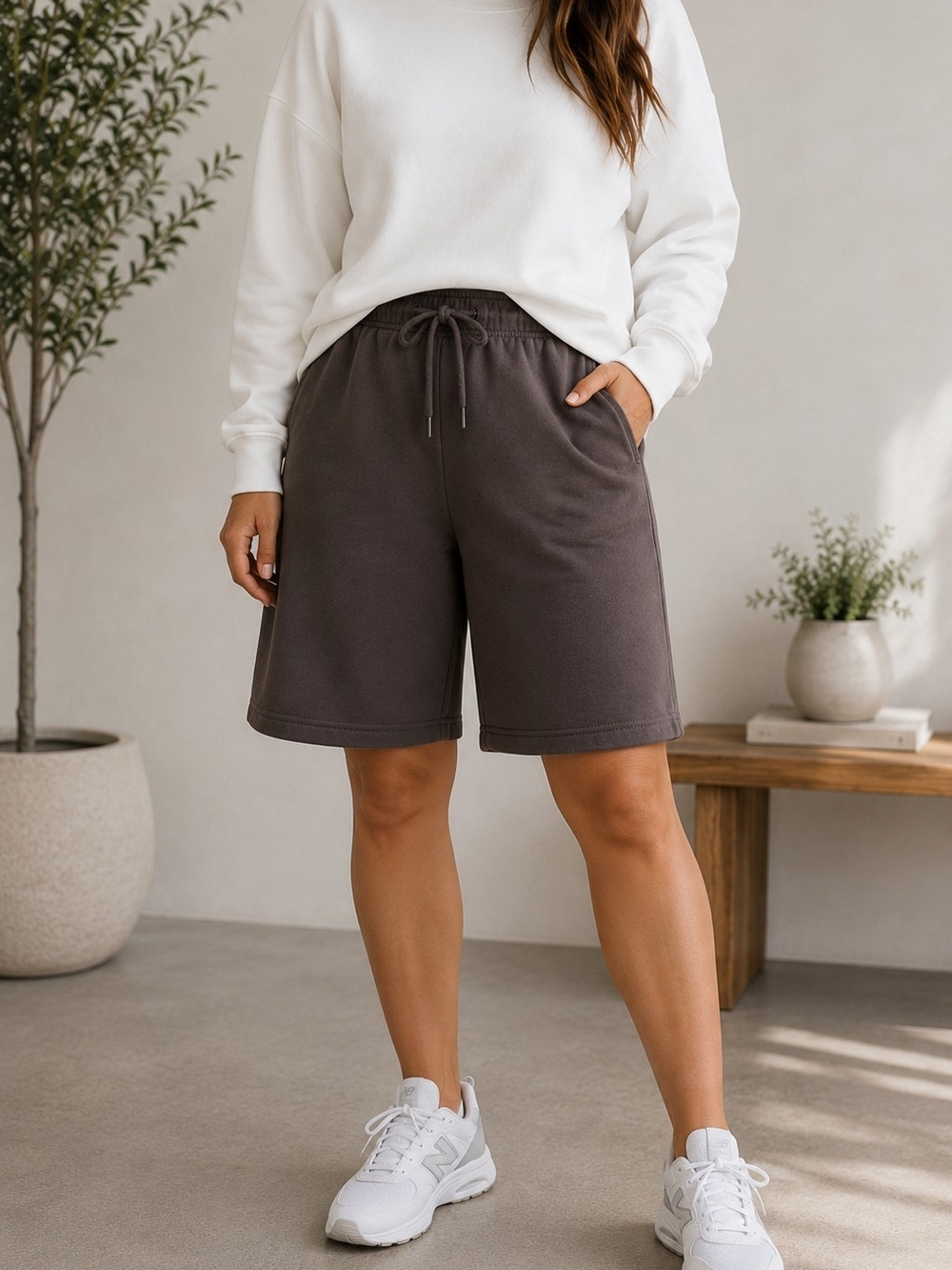 NWT Athleta Heavyweight Terry Bermuda Shorts Brown Women’s Large L Drawstring